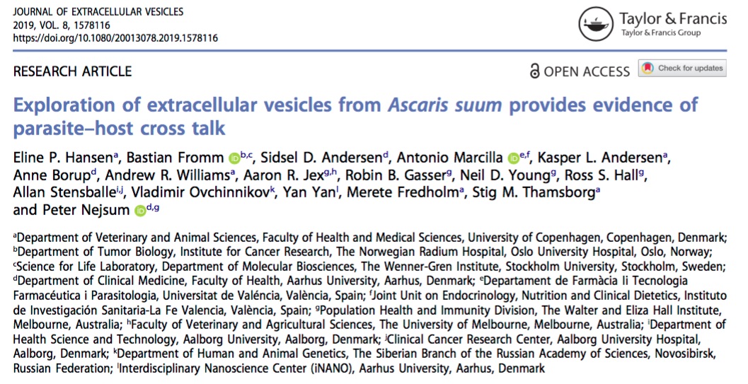 Paper: Exploration of extracellular vesicles from Ascaris suum provides evidence of parasite–host cross talk on Journal of Extracellular Vesicles
